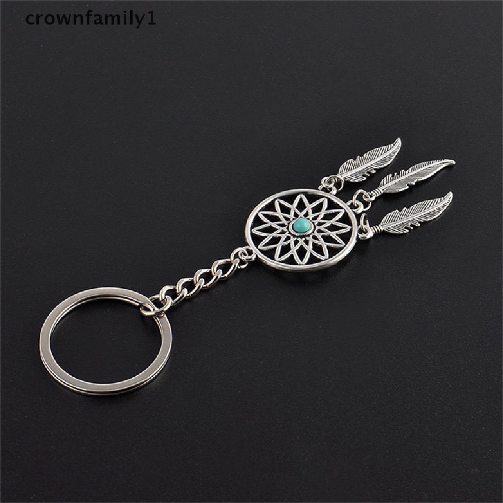 Móc khóa hình Dreamcatcher bằng kim loại màu bạc phối lông vũ kiểu mới