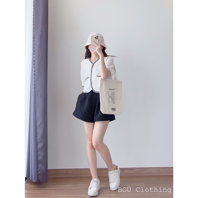 Set áo croptop cổ V viền bố + quần short đen dễ thương (Ảnh thật)