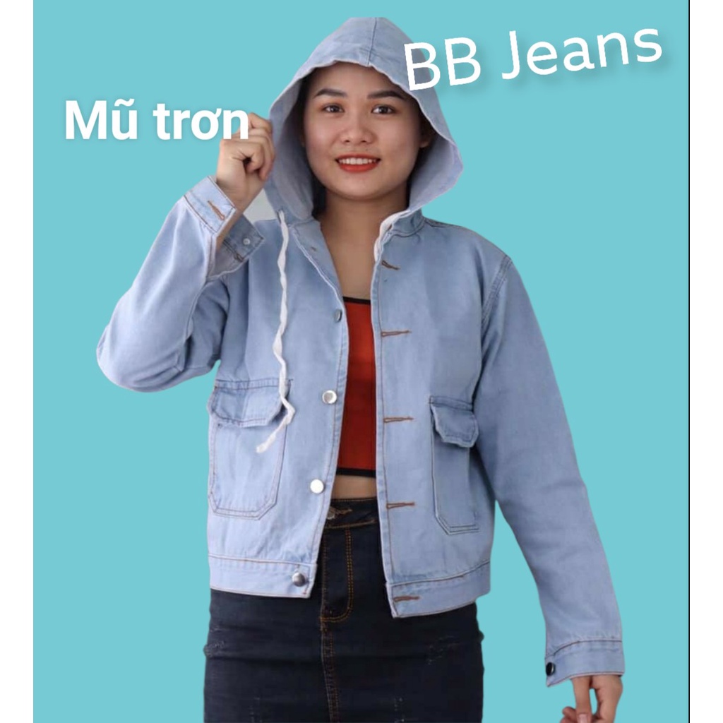 Áo khoác jean nữ có mũ đẹp trơn thêu HE xám MK form vừa dưới 60kg cao 1.62m đổ lại đẹp BB Jeans