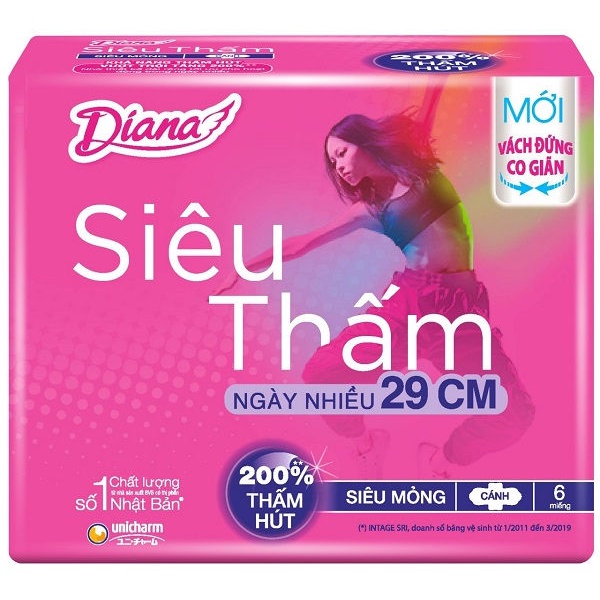 BVS Băng vệ sinh Diana Cánh 29cm Siêu thấm Siêu mỏng cho ngày nhiều