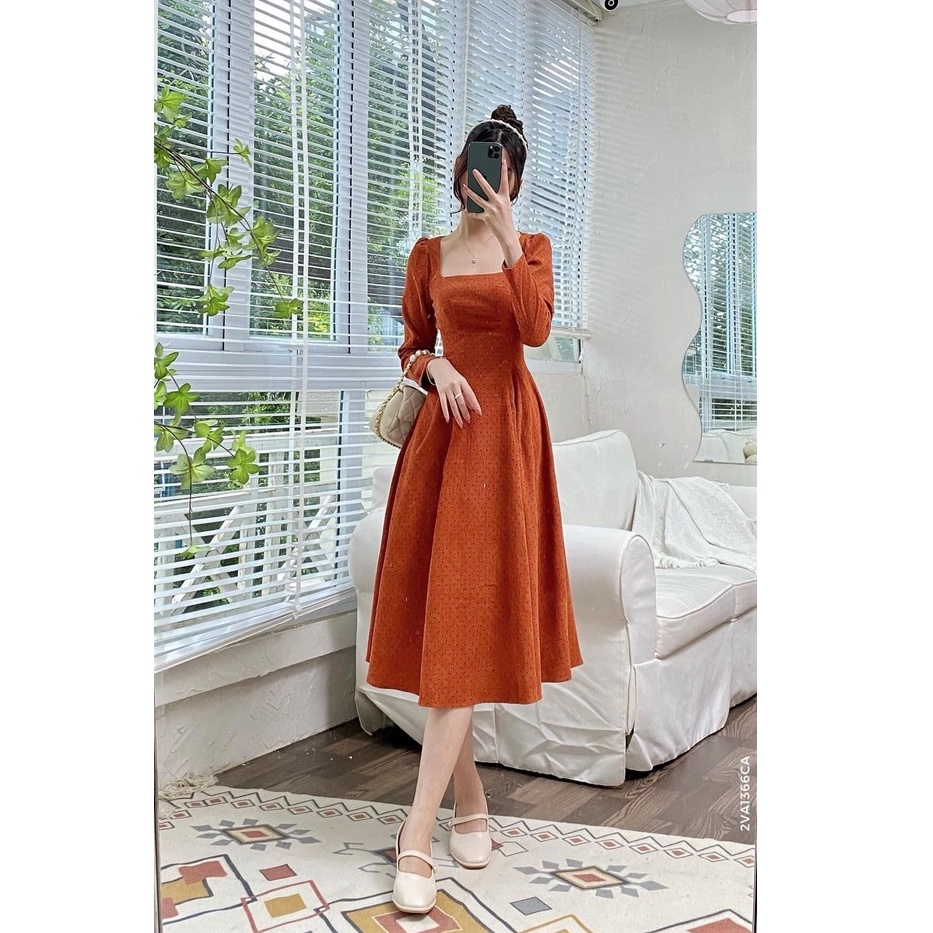 Đầm nhung tăm chấm bi cam đất cổ U dáng xòe - váy thiết kế nữ 137
