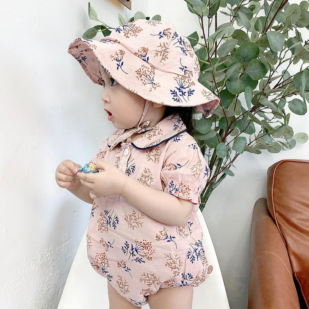 Set Áo Liền Quần Tay Ngắn + Nón Dễ Thương Thời Trang Cho Bé Gái