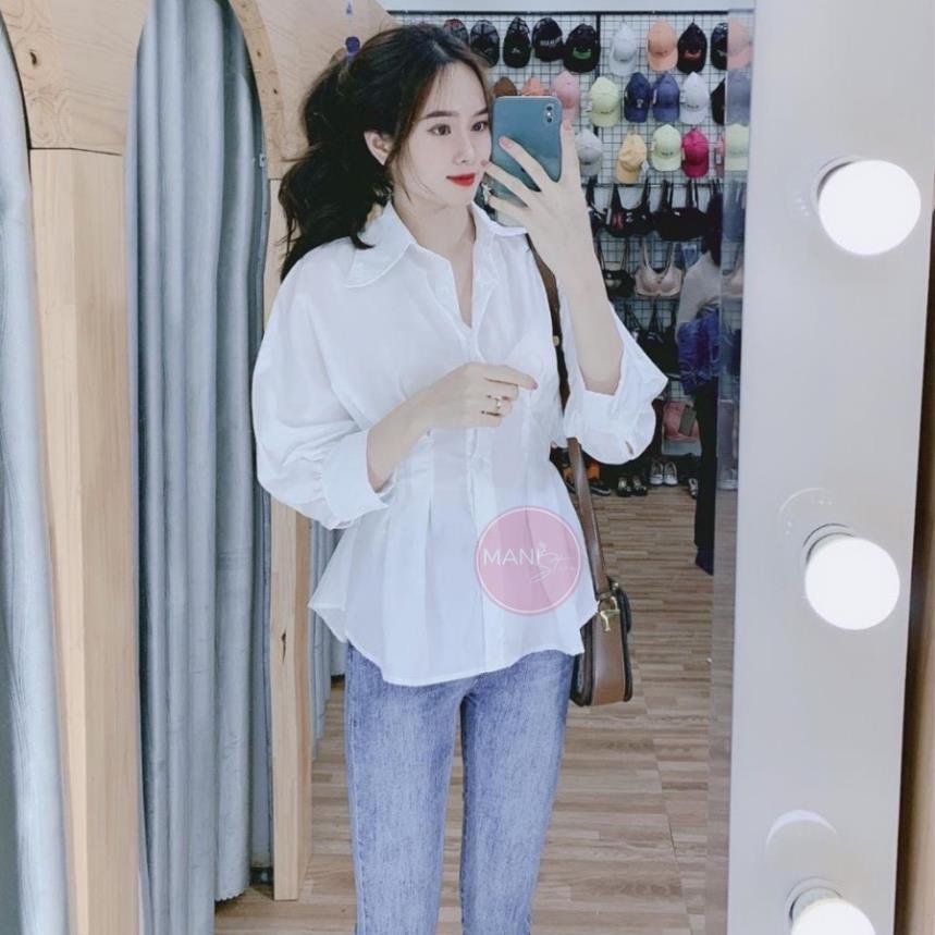 Áo sơ mi nữ tay phồng chiết eo tôn dáng, kiểu áo sơ mi trắng đi học làm tay lỡ xếp ly bo eo tiểu thư sang chảnh đẹp
