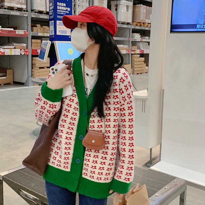 Áo sweater dệt kim in hoa màu đỏ dáng ôm dễ phối đồ phong cách Hàn Quốc