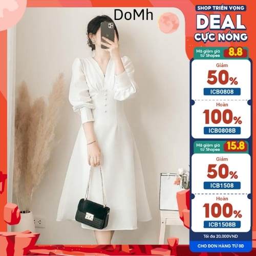 Đầm trắng dự tiệc dáng dài nút bọc, Váy trắng tay dài phồng chiết eo tôn dáng sang chảnh mặc đi làm đi chơi