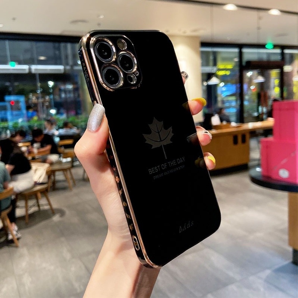 Ốp Điện Thoại Mềm Hình Vuông Mạ Họa Tiết Lá Phong Sang Trọng Cho Samsung Galaxy S21 S21+ S22 S22+ Ultra FE 5G