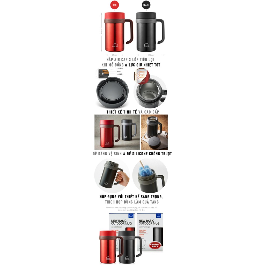 Ca Giữ Nhiệt Basic Table Mug Lock&amp;Lock LHC9002 500ml - Đen/Đỏ - Hàng Chính Hãng
