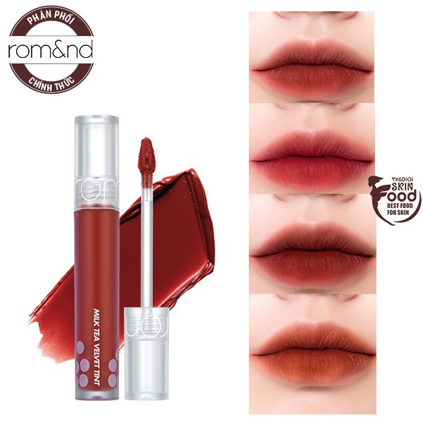 Son kem lì trà sữa, lâu trôi, mịn môi Hàn Quốc Romand Milk Tea Velvet Tint 4.4g (01 đỏ thẫm, 02 đỏ nâu, 04 cam gạch)