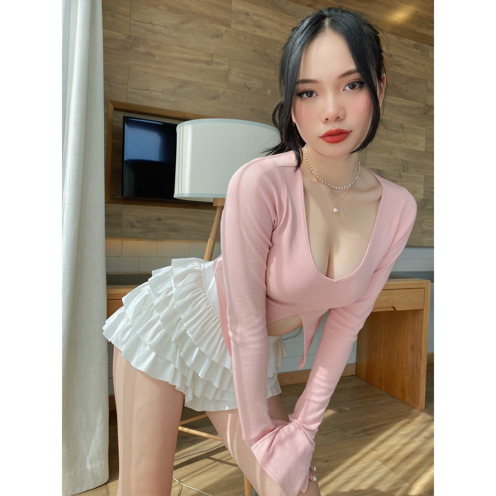 Áo tay dài Rabel, croptop tay dài, thun co giãn, tay dài sẻ siêu xinh