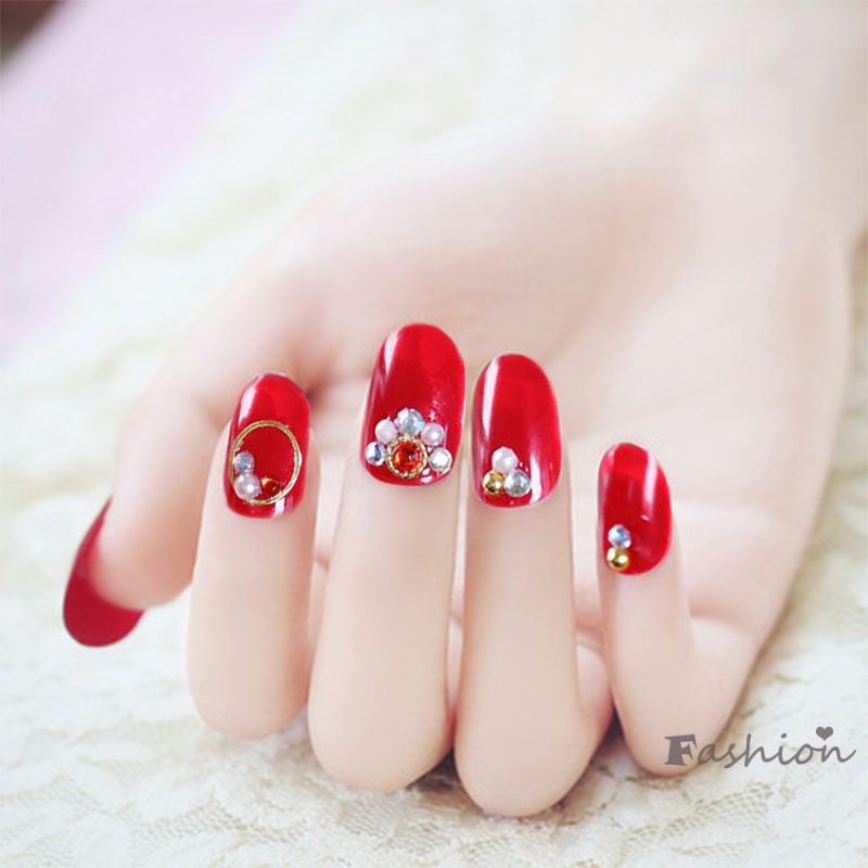 Set 24 Móng Tay Giả Màu Đỏ Rượu Vang Có Vỏ Đính Đá Thời Trang Cho Nữ