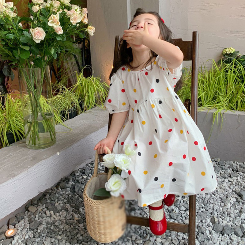 Đầm Công Chúa Tay Ngắn Phồng Cổ Tròn Họa Tiết Chấm Bi Nhiều Màu Kiểu Hàn Quốc Thời Trang Mùa Hè Cho Bé Gái