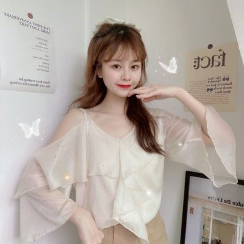 AMOI Áo Kiểu Chiffon Tay Ngắn Loe Trễ Vai Cổ Chữ V Phối Bèo Ngọt Ngào Cho Nữ