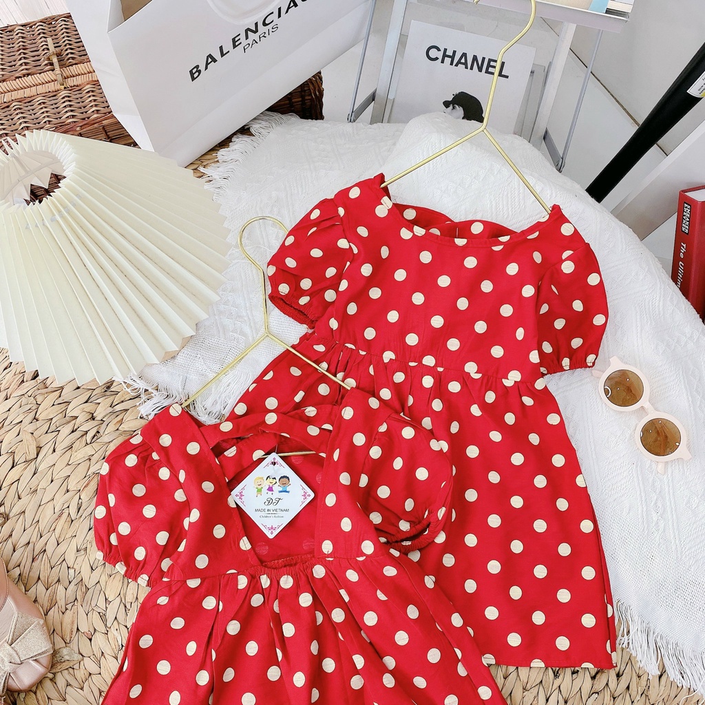 [V22] Váy Tay Bông Họa Tiết Chấm Bi Cực Xinh Cho Bé Gái Dáng Xòe Chất Vải Đũi Mềm Đón Tết Size Từ 8-18Kg VNXK Nhật-Hàn