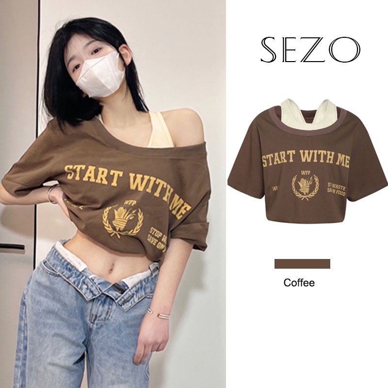 SEZO QKOOLE Áo croptop Trễ Vai Ngắn Tay Thời Trang Vintage Hàn Quốc Cho Nữ