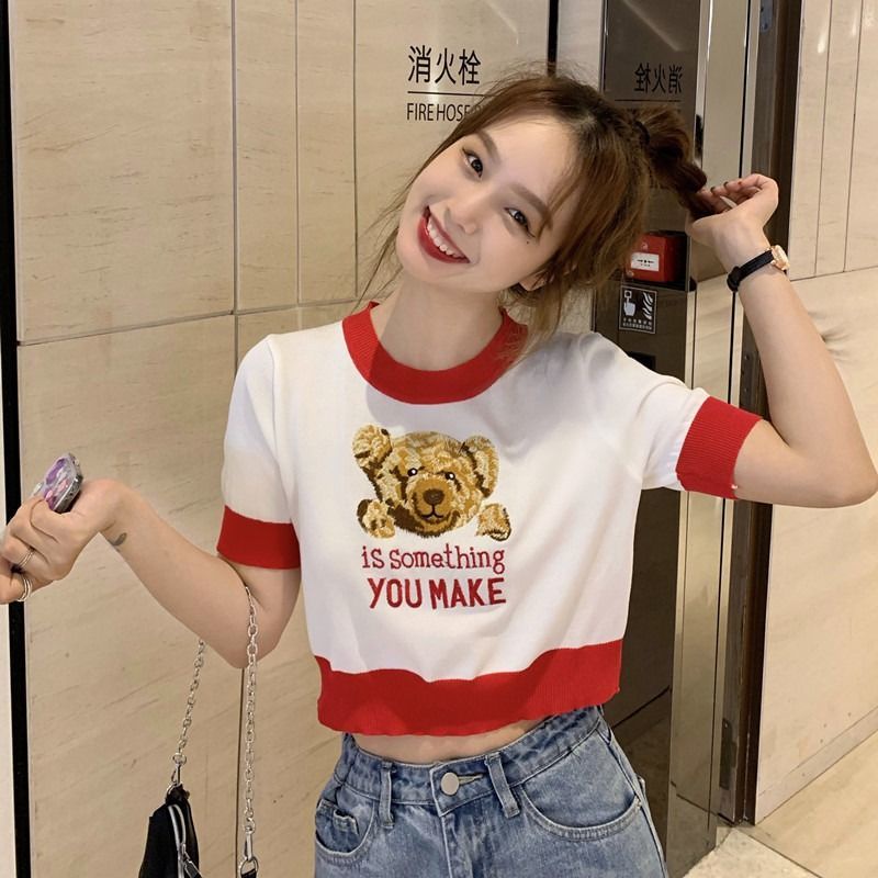 Áo Sweater Ngắn Tay In Hình Gấu Thời Trang Cho Nữ