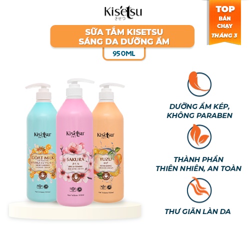 Sữa Tắm Dưỡng Ẩm Trắng Da Kisetsu Sữa Tắm Chống Lão Hóa 950ml (Anh Đào, Hồng, LiLy, Aloe Vera, Sữa Dê Ong Chúa, YuZu)