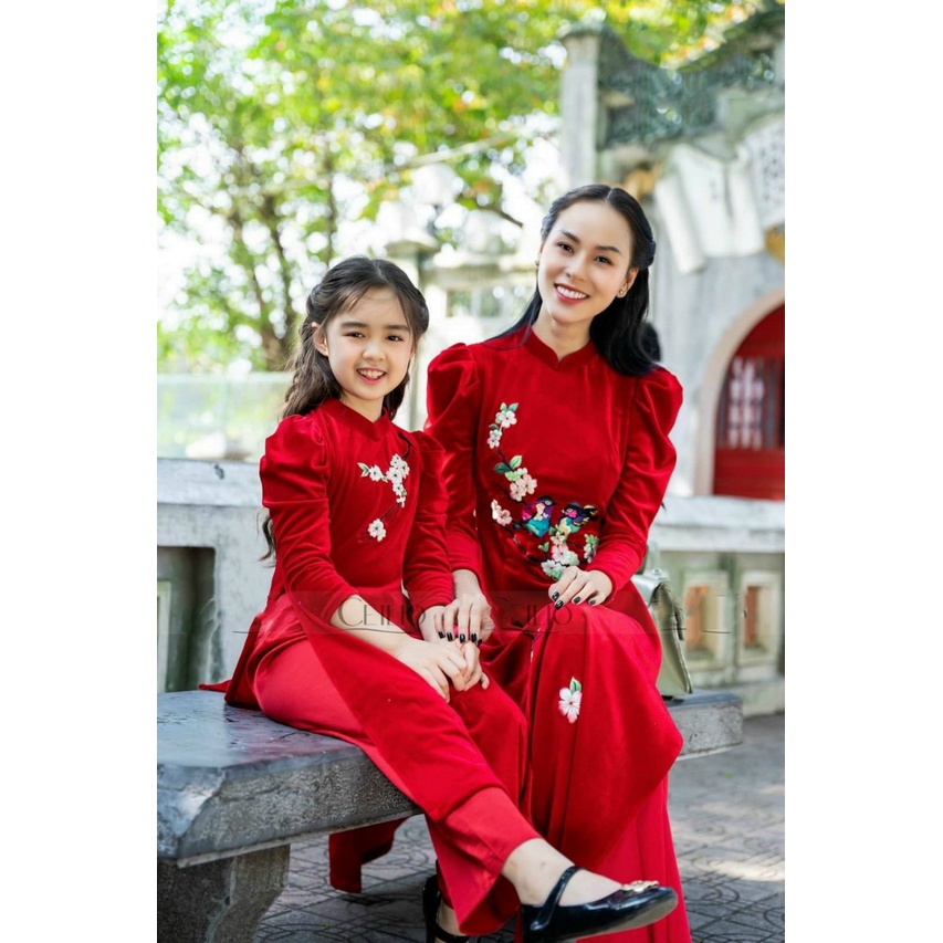 Áo dài cách tân mẹ và bé chất nhung cao cấp thích hợp du xuân, lễ Tết - L31