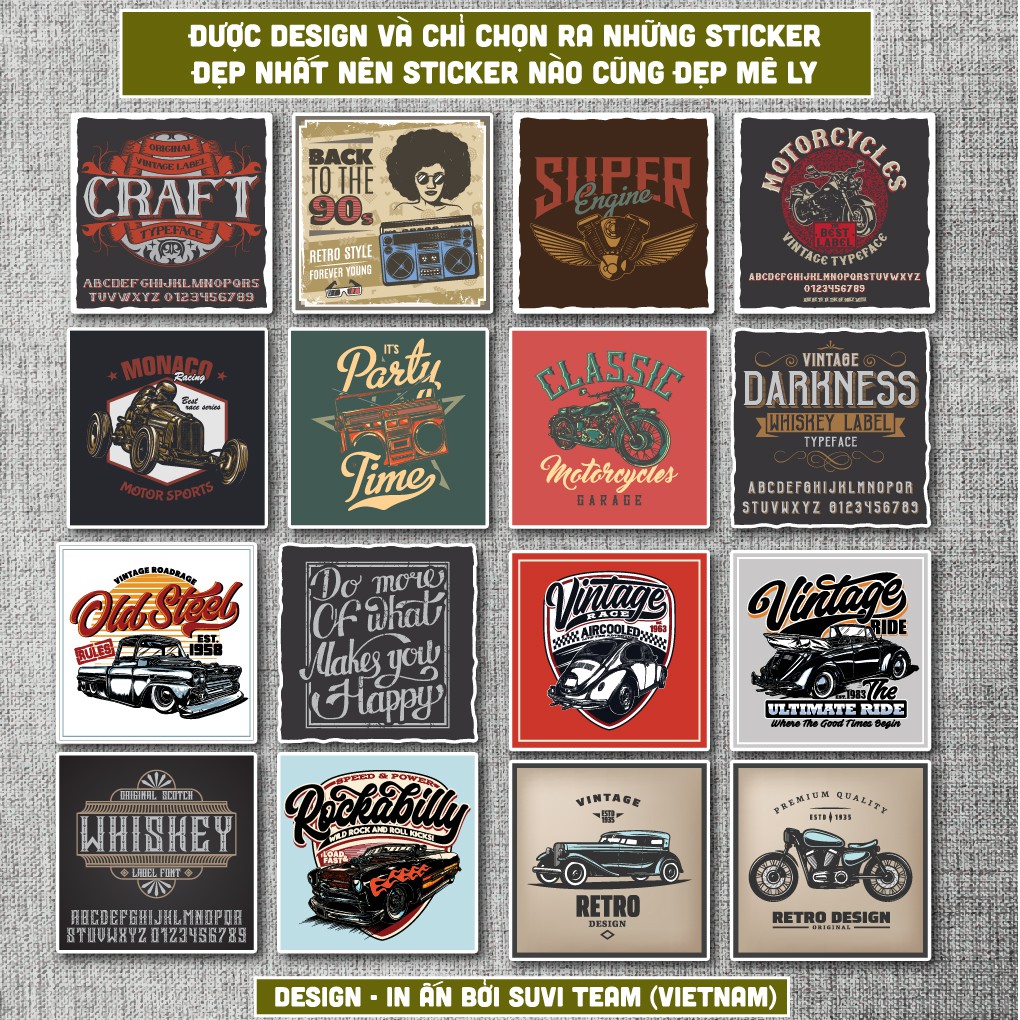 50 Sticker Vintage Retro 10 chống nước sticker dán laptop, điện thoại, đàn guitar, mũ bảo hiểm, vali. MSP:VR10