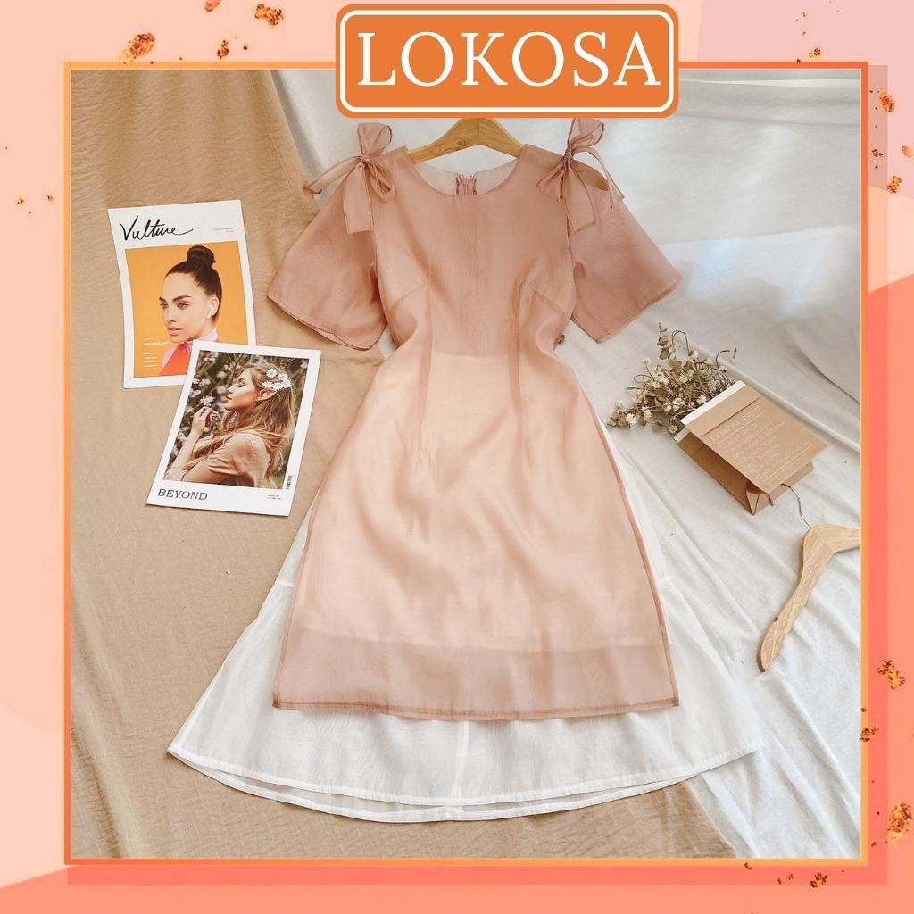 Áo dài cách tân LOKOSA tơ mềm mại màu hồng xanh trẻ trung Áo dài thiết kế phối chân váy xòe AO027
