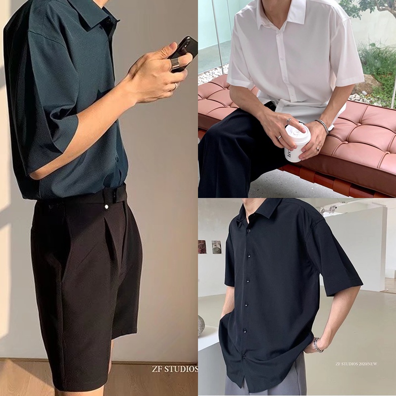 Áo Sơ Mi Tay Lửng Dáng Rộng Màu Sắc Đơn Giản Thời Trang Mùa Hè Hàn Quốc Cho Nam Giới Size M-3XL