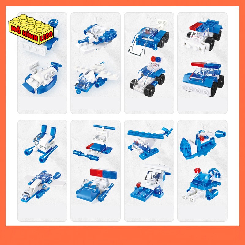 Đồ chơi lắp ráp lego giá rẻ 12 trong 1 JieStar 20072 mô hình 12 xe cảnh sát, máy bay, tàu thủy sáng tạo cho bé
