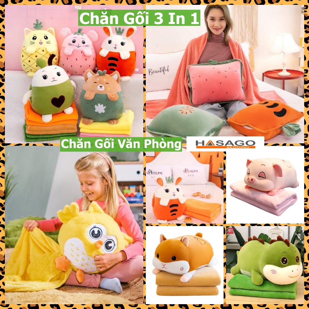 Bộ Chăn gối Văn Phòng 3 in 1 - Gối Mền 3 Trong 1 Hình Heo Hoa Quả Cú Mèo Totoro Dễ Thương Biểu Cảm Cute