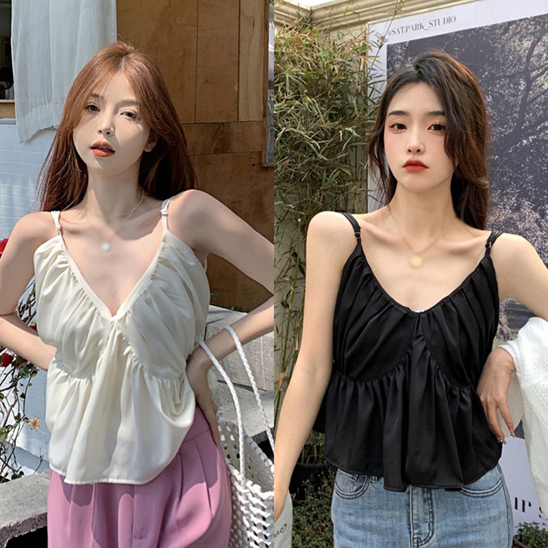 Áo Hai Dây Cổ Chữ V Nhún Bèo Họa Tiết Hoa Phong Cách Pháp Xinh Xắn Cho Nữ