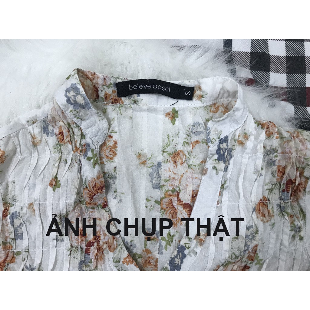 Áo sơ mi nữ hoa nhí cổ V tay lửng vạt dài size S chất lanh - ẢNH CHỤP THẬT
