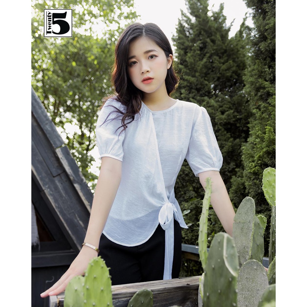 Áo sơ mi kiểu nữ công sở đắp tà thắt nơ eo chất cotton nhăn Twentyfive TA5