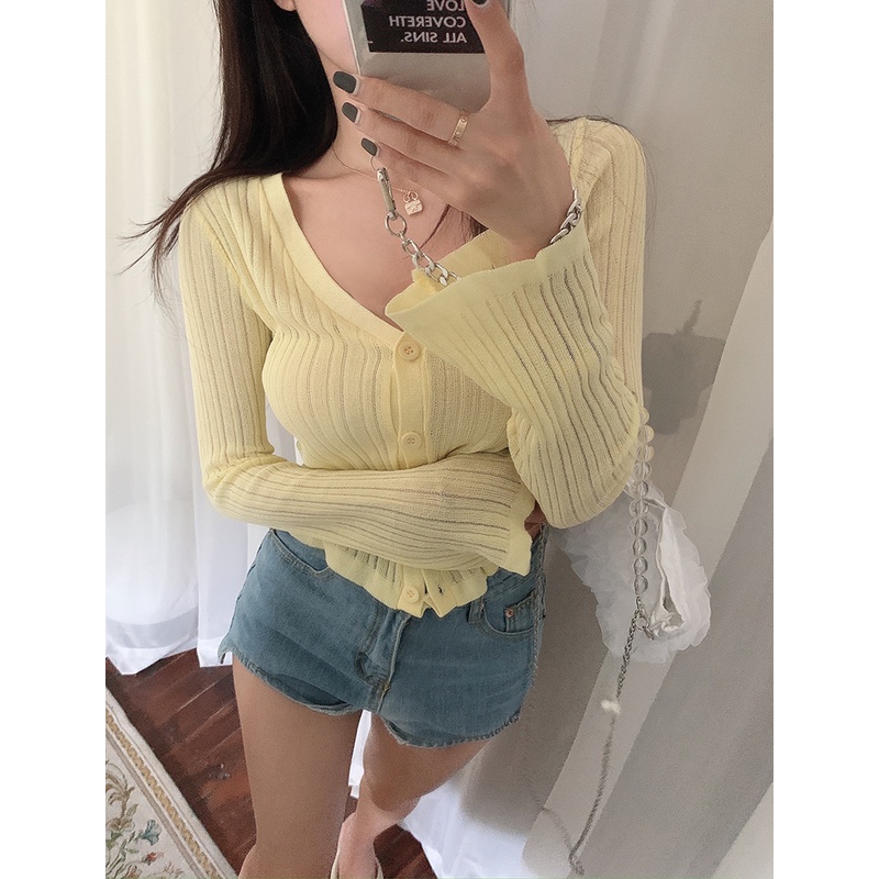 Áo khoác cardigan ZHELIHANGFEI dệt kim mỏng tay dài cổ chữ V dáng rộng thời trang mùa hè dành cho nữ