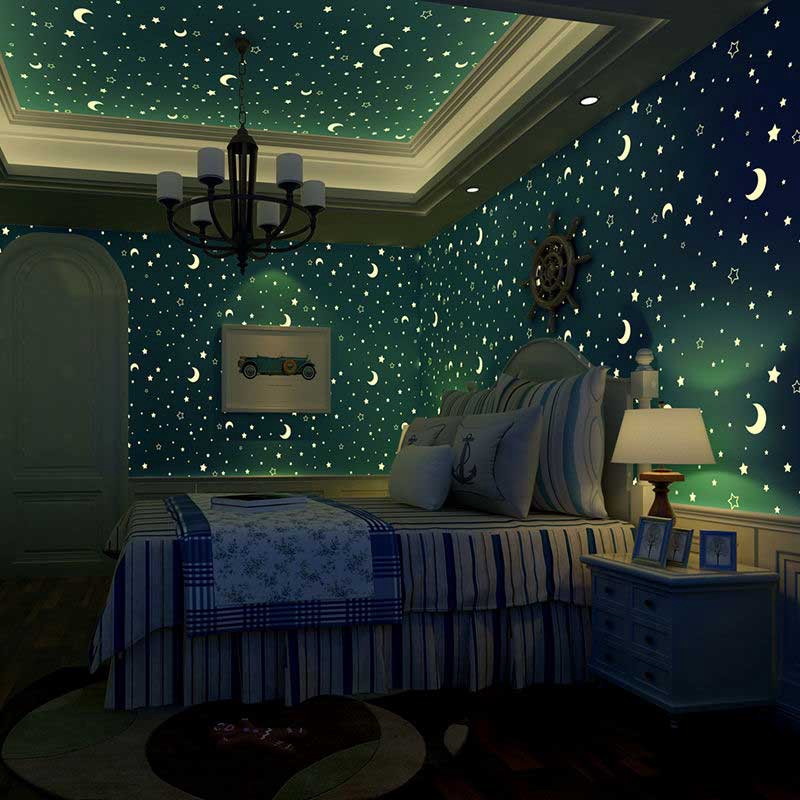 Bộ 100 miếng dán dạ quang phát sáng vào ban đêm hình ngôi sao và mặt trăng nhỏ trang trí phòng trẻ em YIDA
