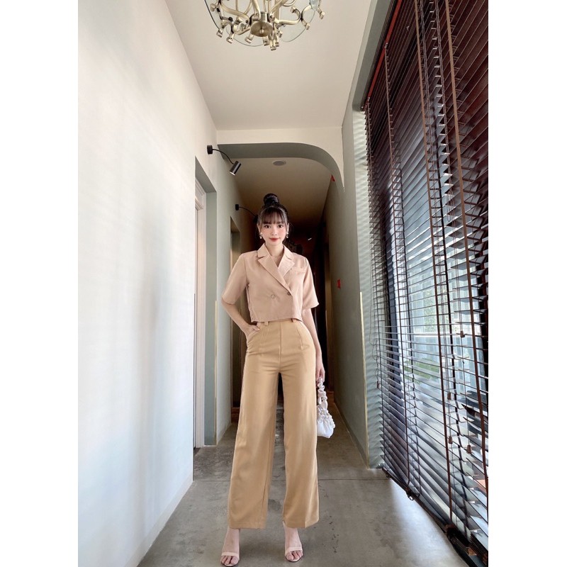 Set áo vest croptop kèm quần ống suông HB thiết kế năng động trẻ trung S001