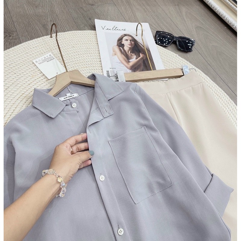 Sét áo sơ mi đũi mix quần ống rộng | BigBuy360 - bigbuy360.vn