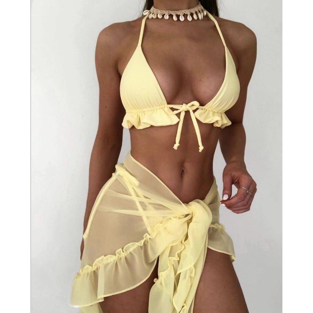 [BKN1395] &lt;ÂU&gt; SET BIKINI 3 MÓN VÀNG/TÍM LILAC KÈM KHĂN HÔNG VIỀN BÈO