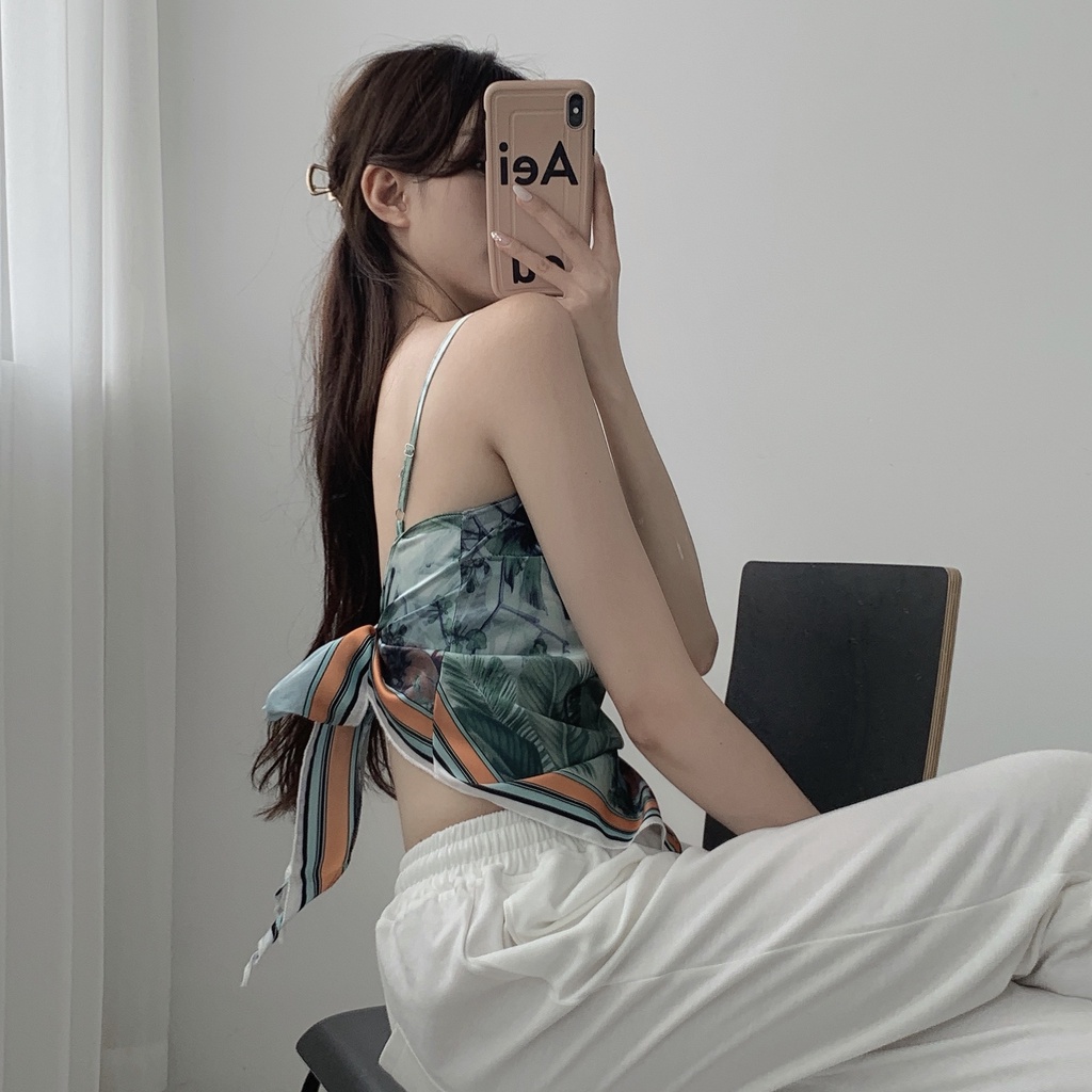 Áo croptop khăn lụa cột nơ hoa văn xanh HAC130 Hỉn Hỉn Store