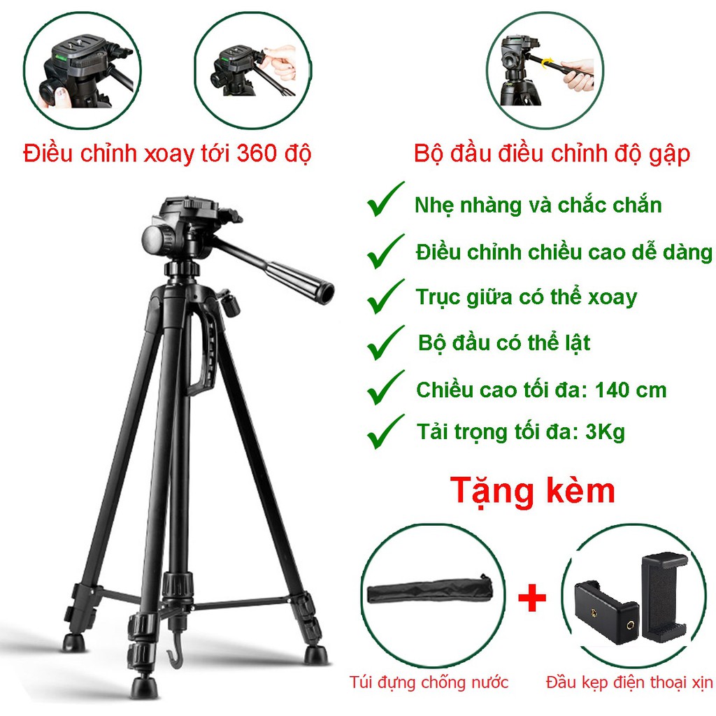 Chân Máy Ảnh Tripod Weifeng WT 3520 Hợp Kim Cao Cấp Tặng Đầu Kẹp Điện Thoại Xịn