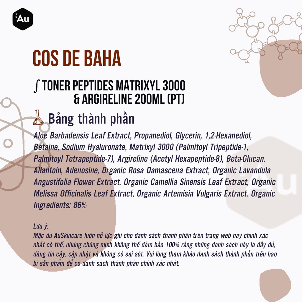 Cos De BAHA | Toner Chứa Peptides - Hỗ Trợ Chống Lão Hóa, Giảm Nếp Nhăn và Phục hồi Da 200ML (PT)