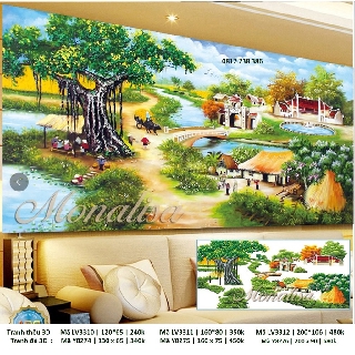 Tranh đính đá phong cảnh làng quê Y8274 (130 x 65 cm)