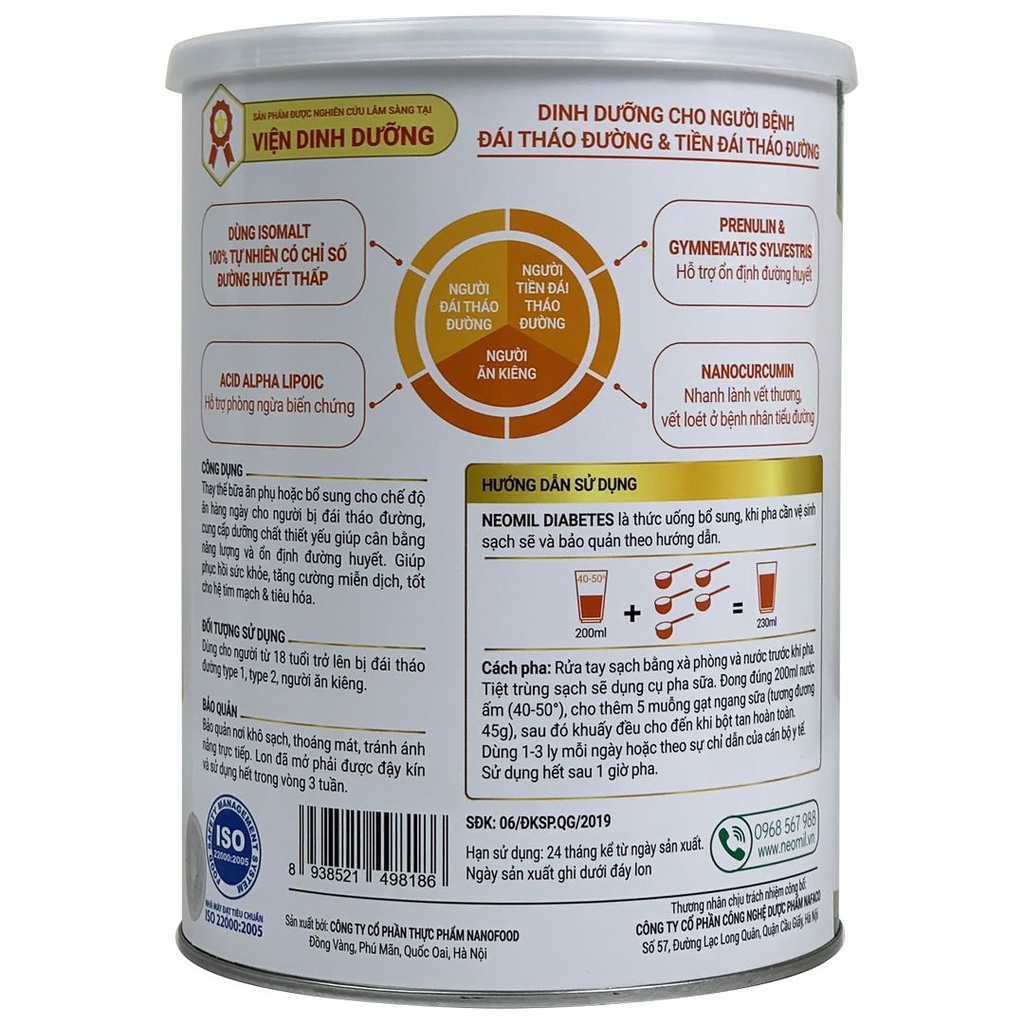 Sữa Neomil Diabetes 350G -850g - DINH DƯỠNG CHO NGƯỜI BỆNH ĐÁI THÁO ĐƯỜNG