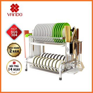 [ 𝐊𝐞̣̂ 𝟐 𝐓𝐚̂̀𝐧𝐠 ] Kệ Úp Chén Bát INOX 304 2 Tầng KÈM khay ráo nước Kệ bếp cao cấp VANDO
