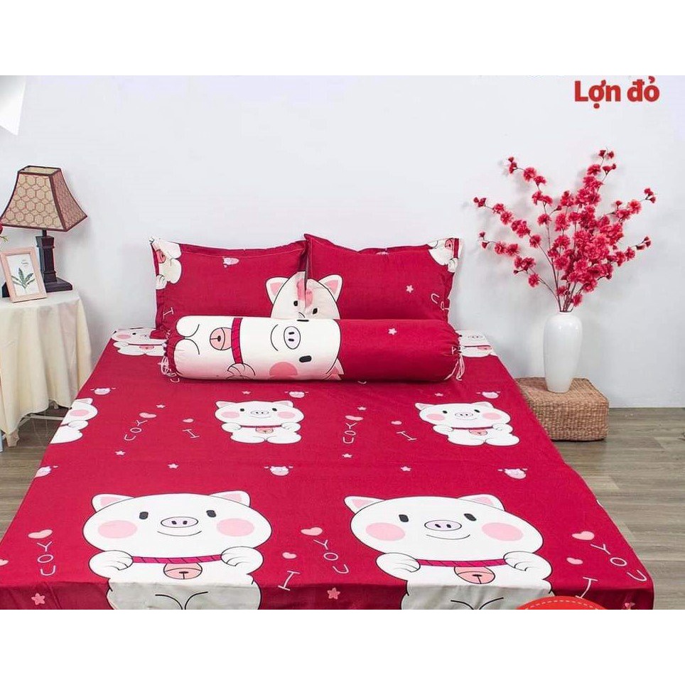 Bộ Ga gối 80x1m91 ga 2 vỏ gốiCotton Poly-MẪU HEO ĐỎ