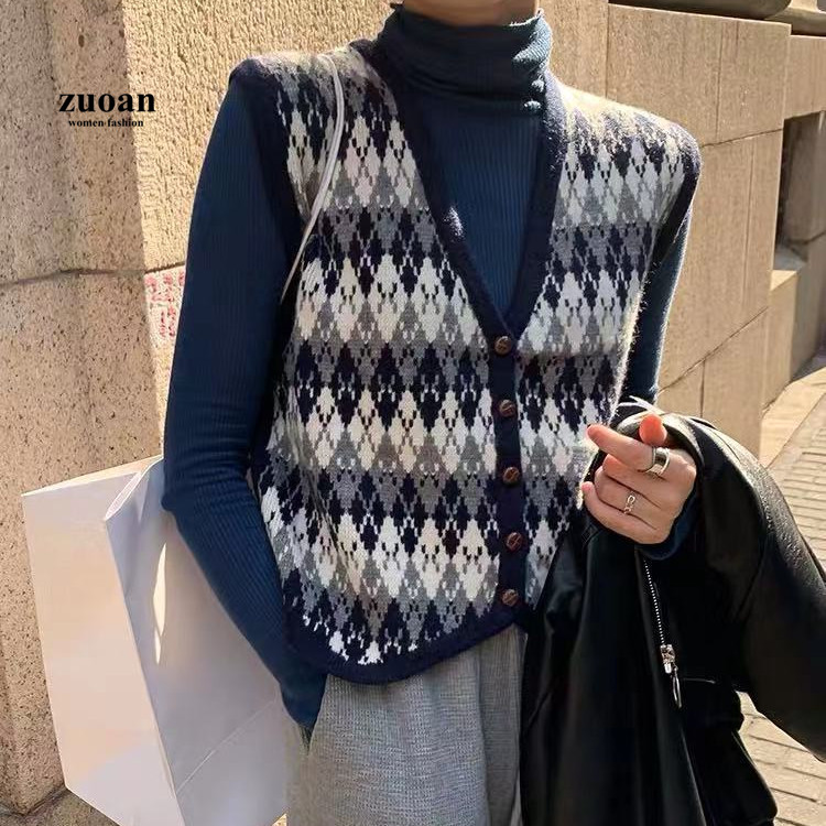 Áo sweater SUXI sát nách cổ chữ V dáng rộng phong cách retro Hàn Quốc cho nữ