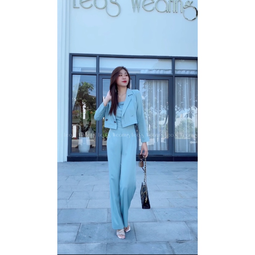 Bộ Jumsuit áo 2 dây liền quần ống rộng kèm áo khoác LEOSWEARING chất lụa trượt cao cấp mặc văn phòng đi tiệc H90