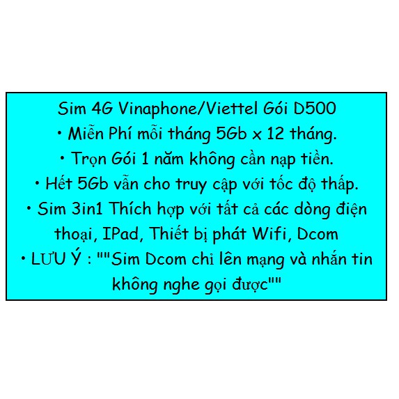 Sim 4G Gói D500 Viettel_Vinaphone Có ngay data khủng 5Gb hàng tháng trọn 12 tháng không lo nạp phí hàng tháng