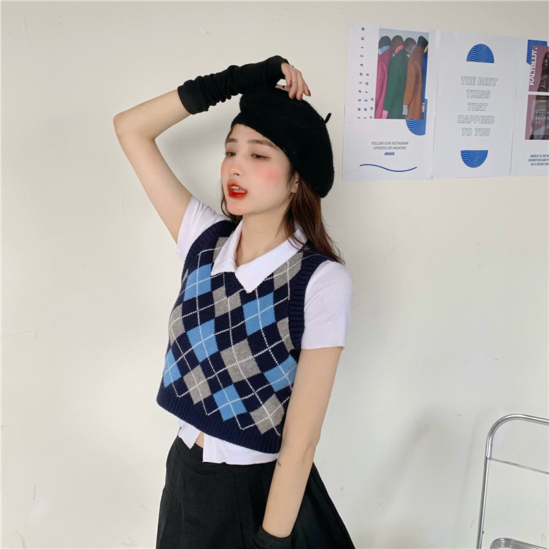 Áo không tay IELGY dệt kim hình thoi cổ V chui đầu retro phong cách học đường