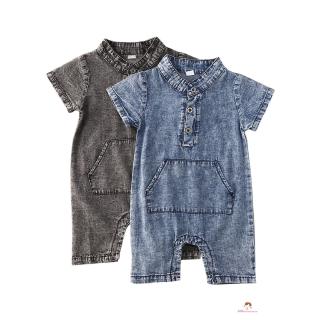 ❤XZQ-Newborn Baby Fashion Denim Jumpsuits Boy’s Summer Solid Color Lapel Romper with a Big Pocket