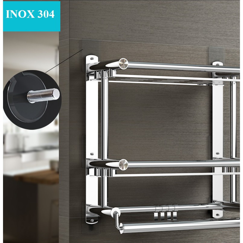 Giá Inox 304, Kệ nhà tắm treo khăn đồ dùng nhà tắm lắp đặt dính tường không cần khoan - GI01