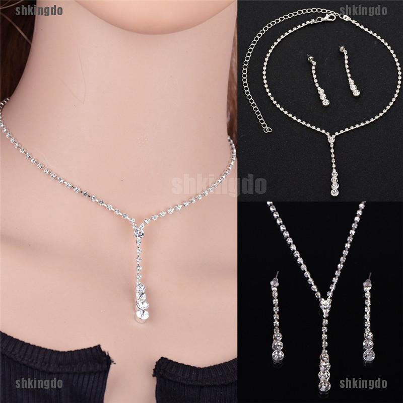 Set dây chuyền và bông tai đính đá thanh lịch cho cô dâu