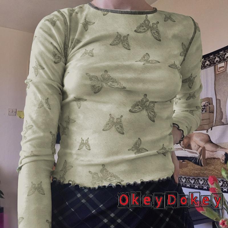 Áo thun tay dài cổ tròn in họa tiết bướm màu sắc thời trang cho nữ