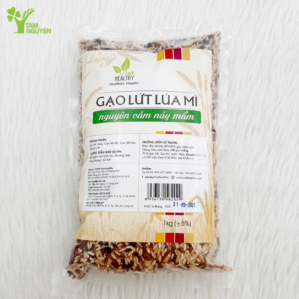 Gạo lứt lúa mì nguyên cám nảy mầm Viet Healthy 1kg, thành phần gồm: gạo lứt vàng, gạo lứt đỏ, gạo lứt tím, hạt lúa mì